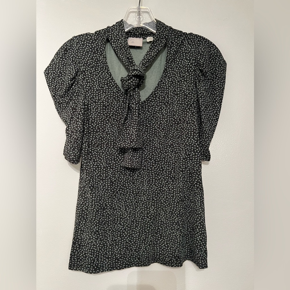 Anthropologie Tiny Flowers Shirt floral top bow neck sz XS ruched sleeve, puff